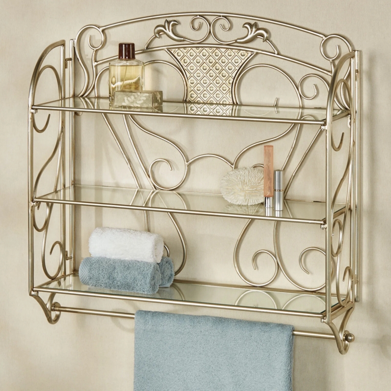 Bathroom Shelf Decorative Scrollwork Sides Platinum Finish Glass Bar