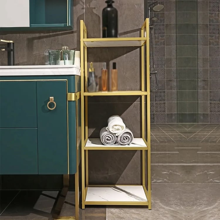 Bathroom Shelf Gold Metal Frame Five Tier Design, White Storage Unit