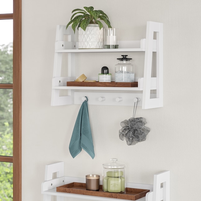 Bathroom Shelf Slatted Sides Integrated Towel Bar Two Tier Transitional
