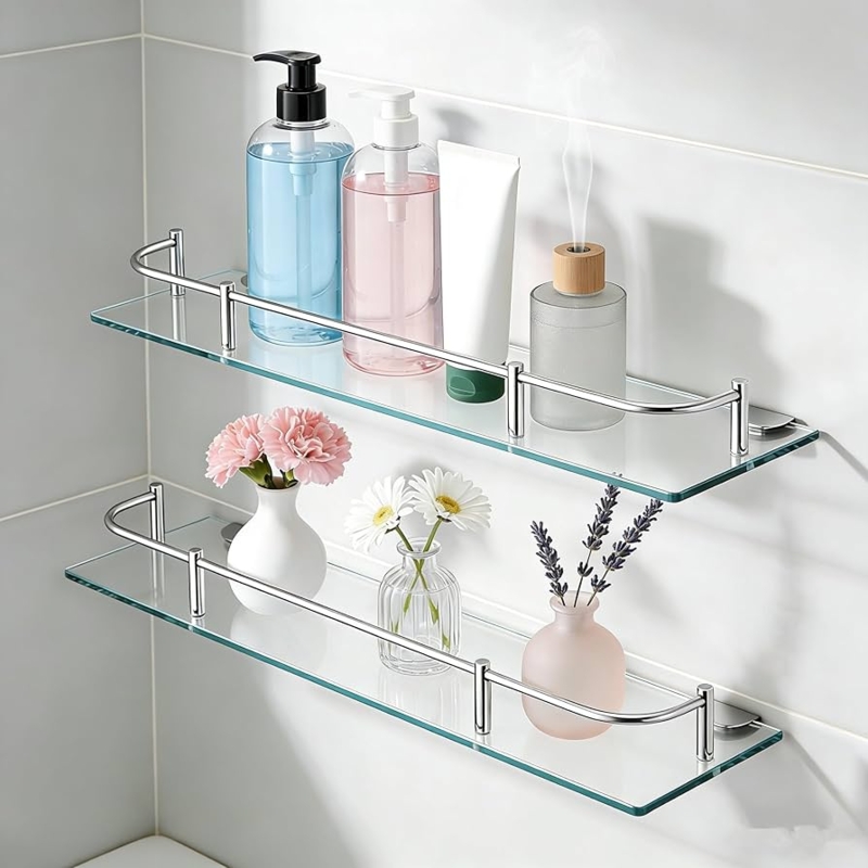 Bathroom Shelf Tempered Glass Integrated Silver Guardrail Minimalist