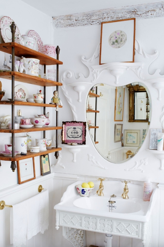 Bathroom Shelf Wood Three Tier against Subway Tile Backdrop