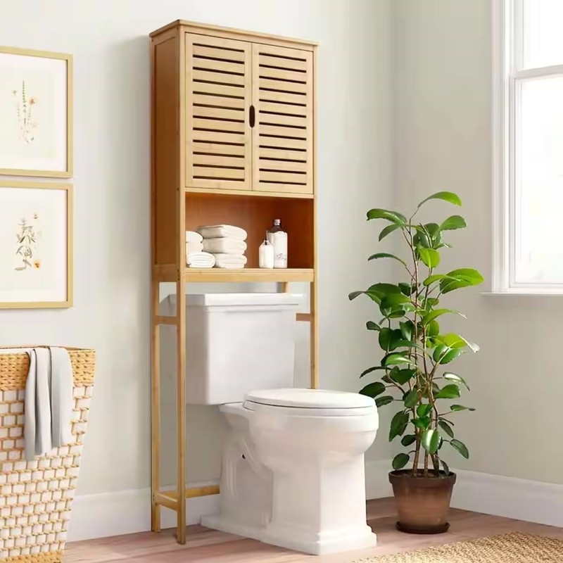 Bathroom Space Saver Light Brown Slatted Doors Coastal Style Shelving