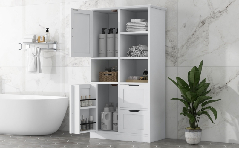 Bathroom Storage Cabinet Freestanding White with Open Middle Shelf.