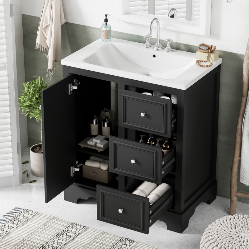 Bathroom Vanity: Black 30 Inch Cabinet with Drawers and Adjustable Shelves