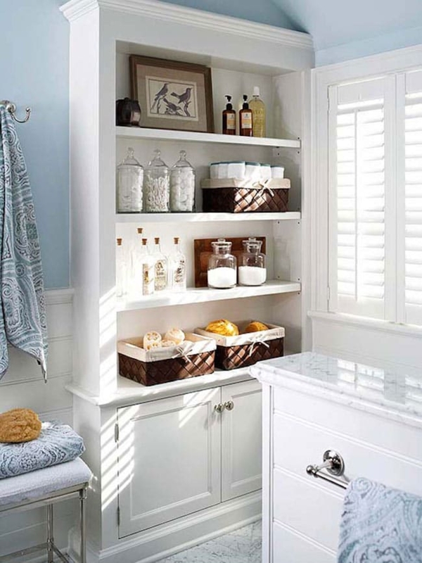 Bathroom Vanity Modern Warm Wood Tones with Open Shelving Double Sink