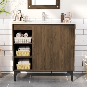Bathroom Vanity Navy Blue Finish, Gold Hardware Open Lower Shelf