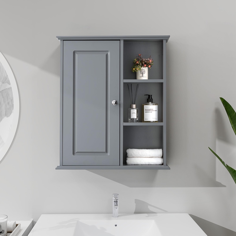 Bathroom Wall Cabinet Louvered Doors Open Shelf Grey Finish
