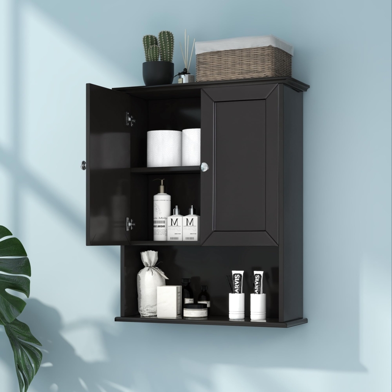 Bathroom Wall Cabinet: Matte Black Finish, Shaker Doors & Open Shelf