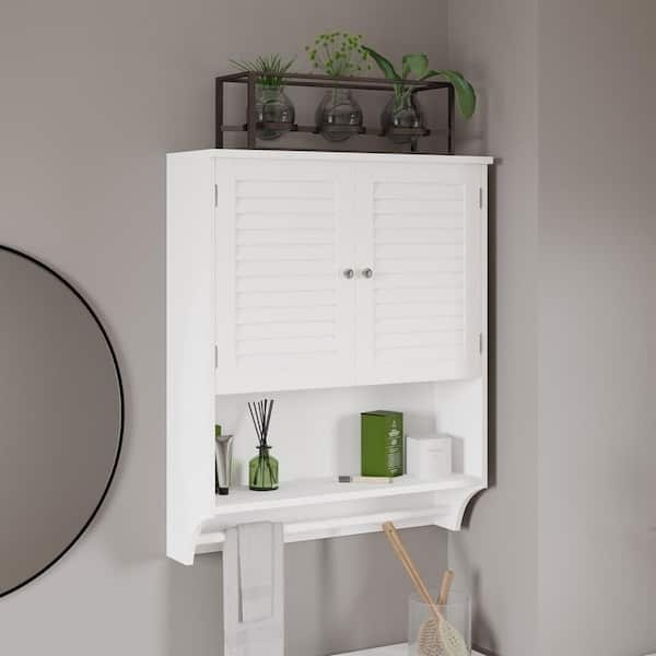 Bathroom Wall Cabinet: White with Lattice Door Design over Glass Panels