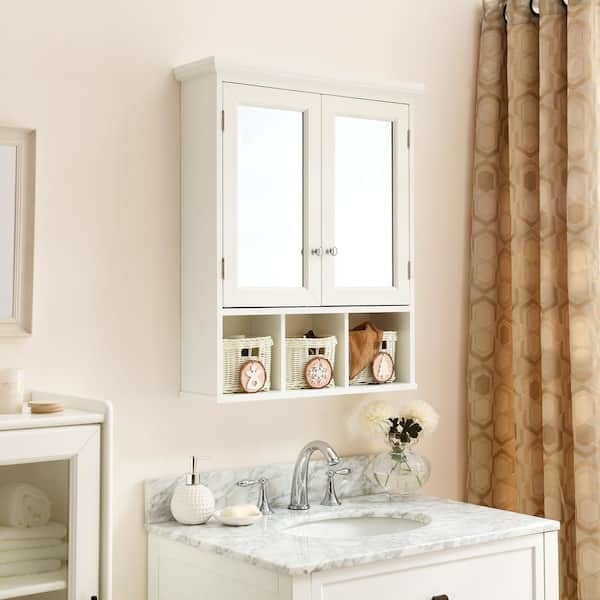 Bathroom Wall Cabinet with Mirrored Doors and White Finish, Compact.