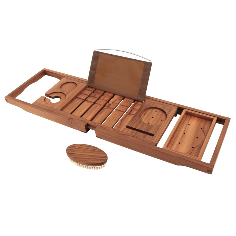 Bathtub Caddy Teak Appearance Expandable Arms Luxury Wood Bathtub Caddy
