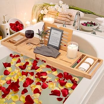 Bathtub Caddy with Integrated Wine Holder and Book Stand for Organic Spa