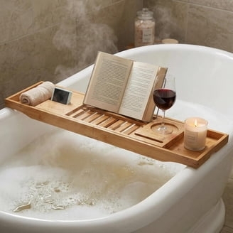 Bathtub Caddy with Pink Finish and Expandable Arms for Bathroom Decor