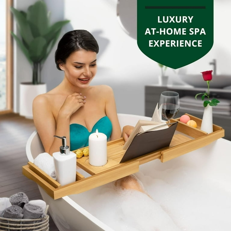 Bathtub Caddy with Tablet Holder for Organized Self Care Bath Accessories