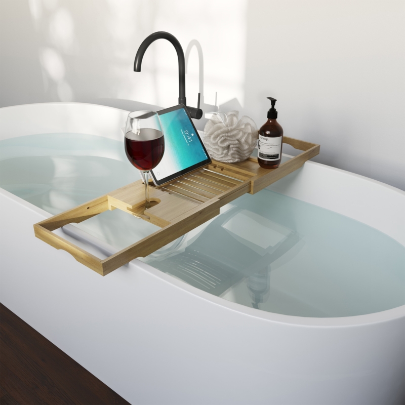 Bathtub Tray Integrated Book Stand Matte Finish Slatted Wood Bath Tray