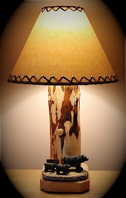 Bear Family Sculpture Table Lamp with Forest Silhouette Shade