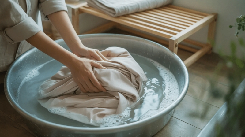 Bed Sheet, Large Scale Linen-Like Fabric Hand Laundered in Tub