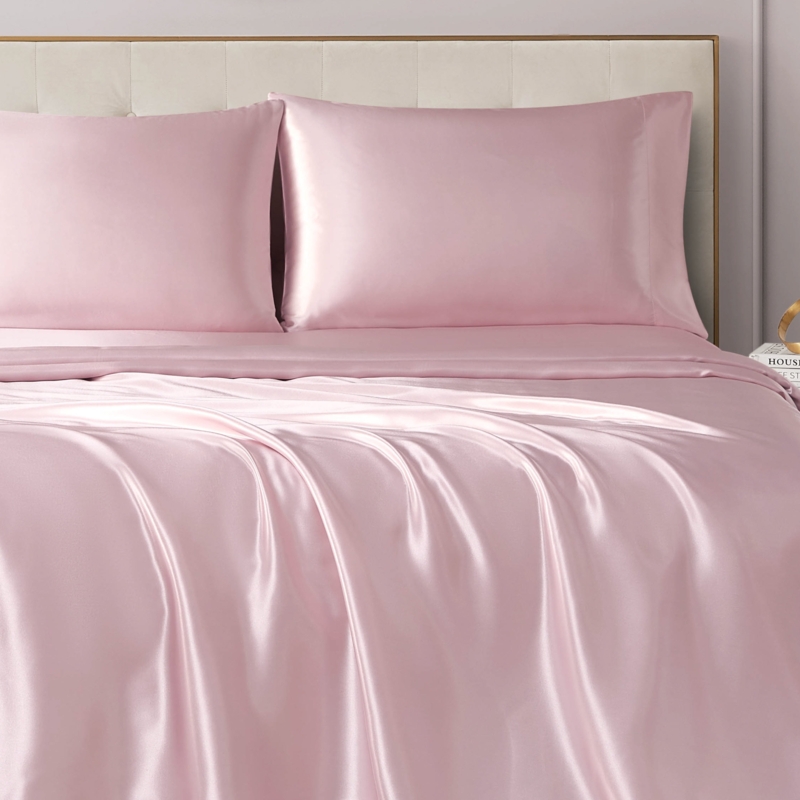 Bed Sheet Set Blush Pink Ruffled Accents Satin Glam Bedroom Styling