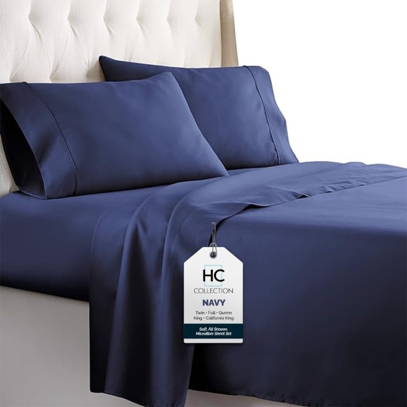 Bed Sheet Set Coordinated Navy Blue Subtle Sheen Tailored
