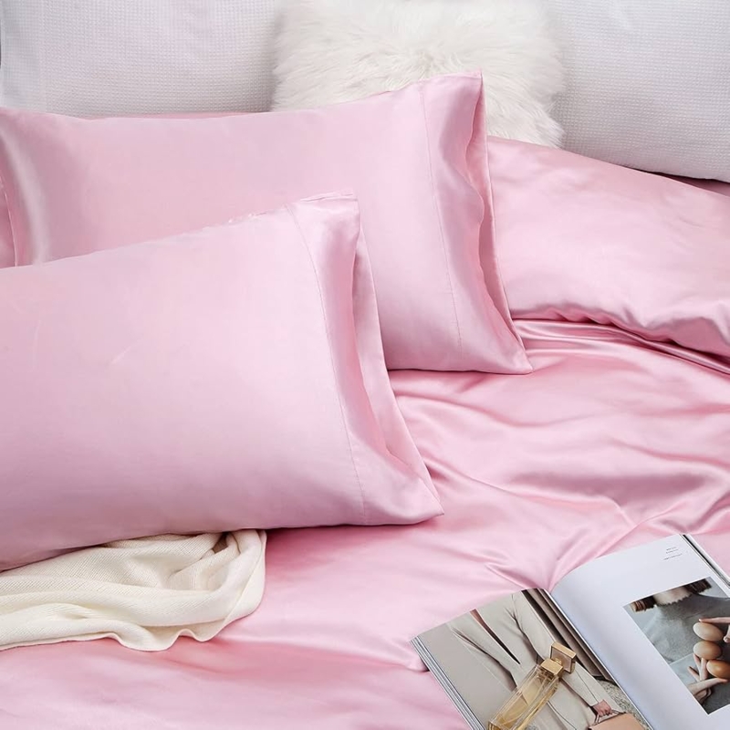 Bed Sheet Set Glossy Satin Draped Folds Rose Pink