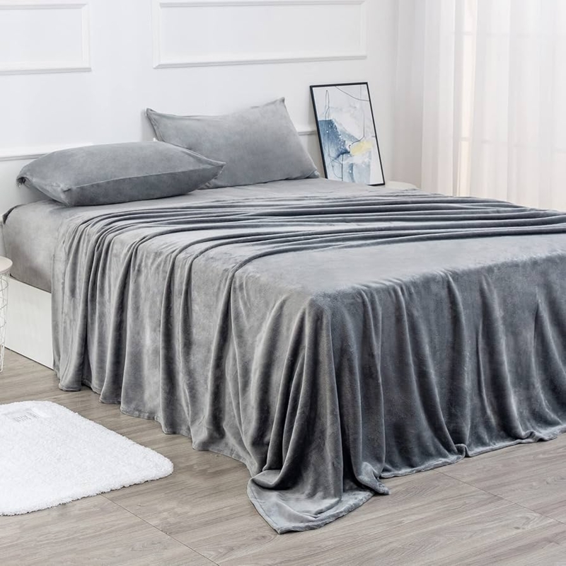 Bed Sheet Set Grey Velvet-Like Plush Fleece Soft Sheets