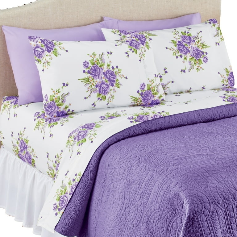 Bed Sheet Set Lavender Floral Print Cottage Style 6 Piece