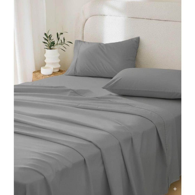 Bed Sheet Set Light Gray Sateen Weave Cotton Minimalist