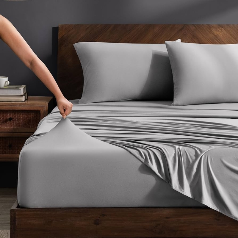 Bed Sheet Set Light Grey Jersey Knit Stretch Envelope Pillowcase