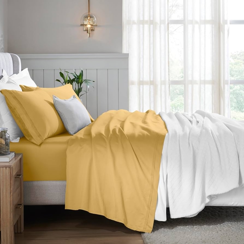 Bed Sheet Set: Lustrous Gold Sateen with Deep Pockets, Warm Toned Decor