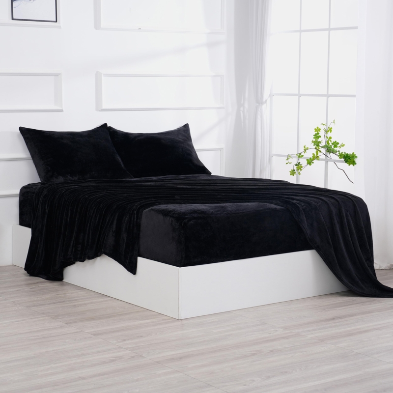 Bed Sheet Set Monochromatic Black Plush Fleece Cozy Bedding
