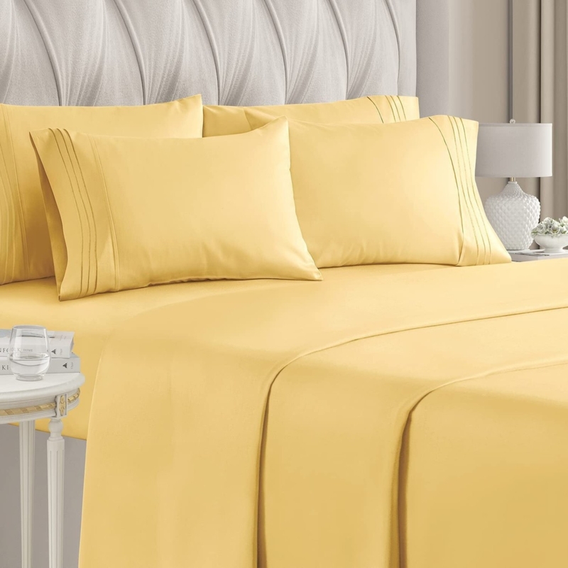 Bed Sheet Set: Mustard Yellow, Textured Weave - Textured King Size Bedding Linens