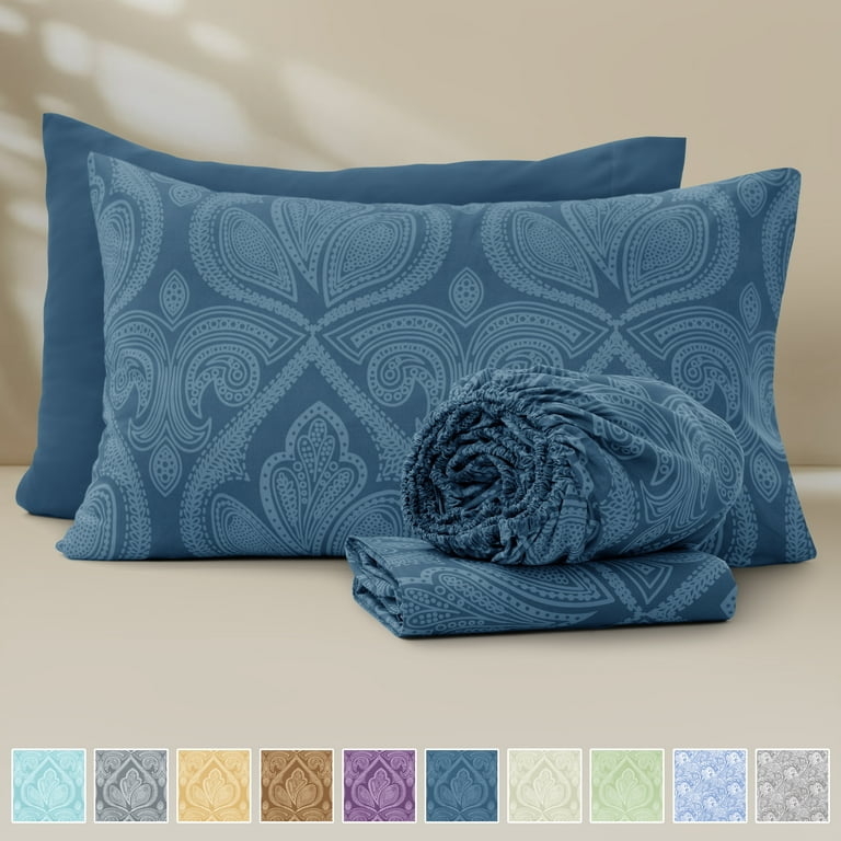 Bed Sheet Set Navy Blue Paisley Print Deep Pocket Traditional Bedding