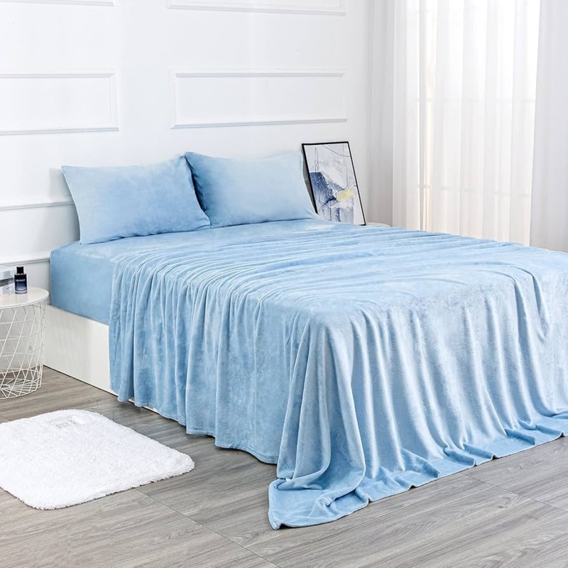 Bed Sheet Set Navy Blue Plush Pile Fleece Velvet-Like