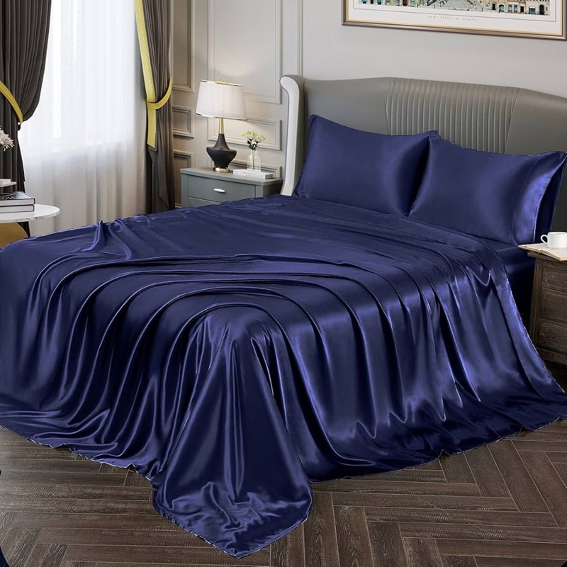 Bed Sheet Set Navy Blue Satin Bedding Glossy Modern Glam
