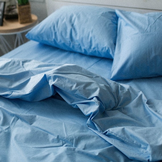 Bed Sheet Set Peacock Blue Cotton Matte Clean Bedding