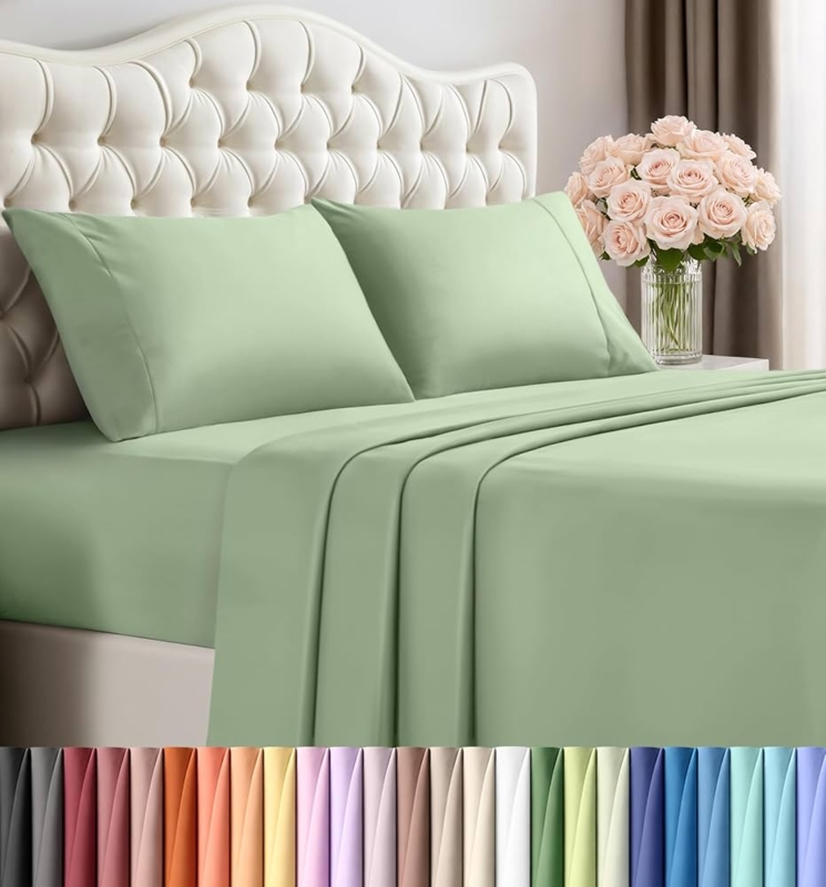 Bed Sheet Set, Sage Green Hue with Breathable Appearance.