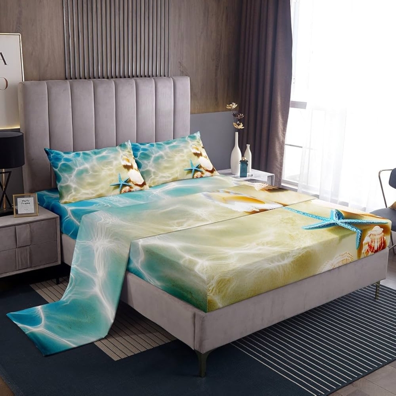 Bed Sheet Set Teal Marine Life Pattern Sheets with Solid Fitted Sheet