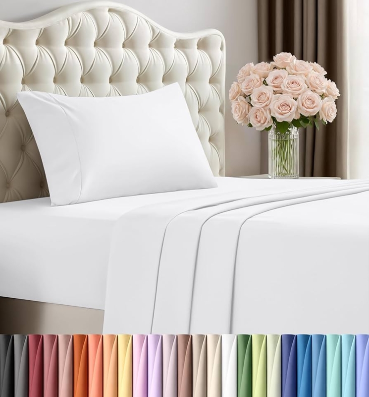 Bed Sheet Set White Microfiber Finish Soft Breathable Sheets Minimalist Styling
