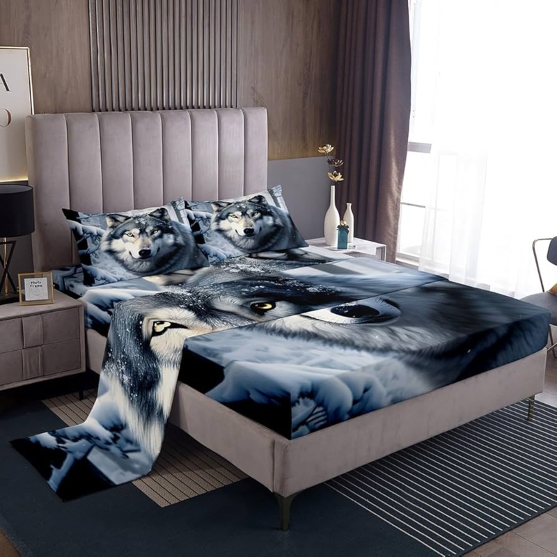 Bed Sheet Set Wolf Graphic Mountain Scenery Wildlife Graphic Bedding Set