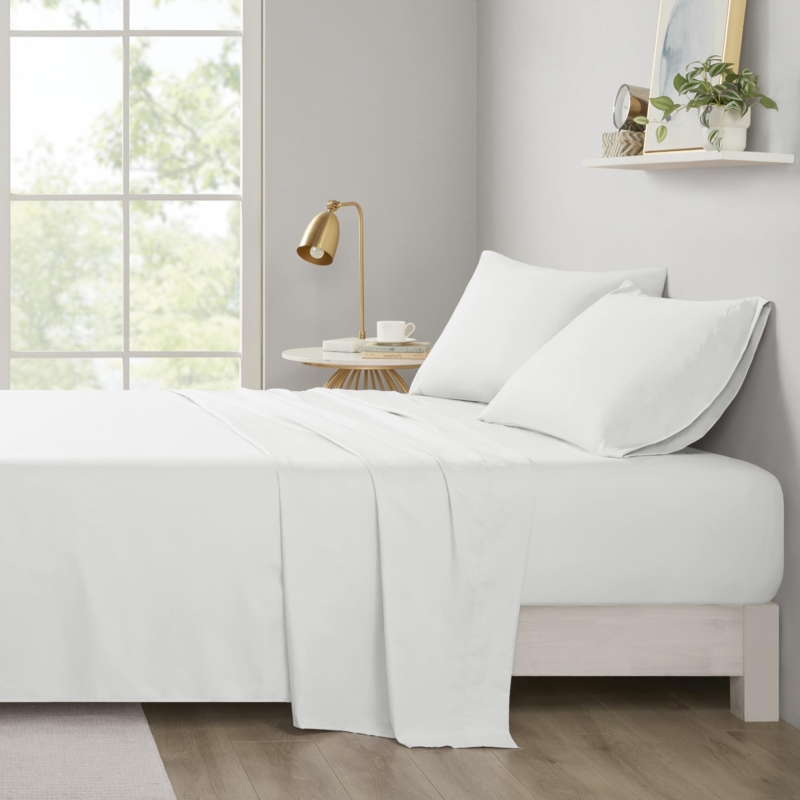 Bed Sheets: Wrinkle Resistant White Microfiber with Matte Finish, Minimalist