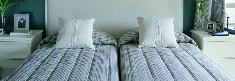 Bed with Dual Duvet Arrangement Slat Headboard Scandinavian Modern