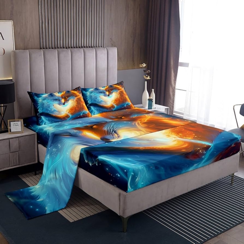 Bedding Set 3D Animal Print Fire And Ice Fox Fantasy Bedroom Decor