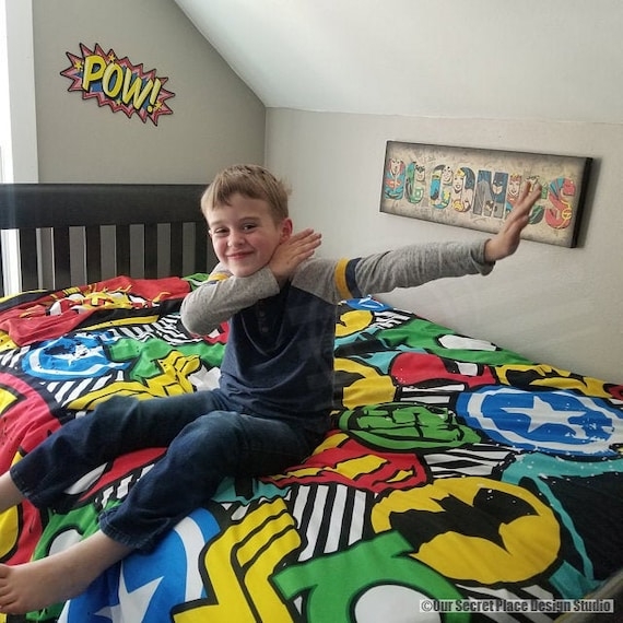 Bedding Set Action Word Graphics Superhero Themed Boys Bedroom