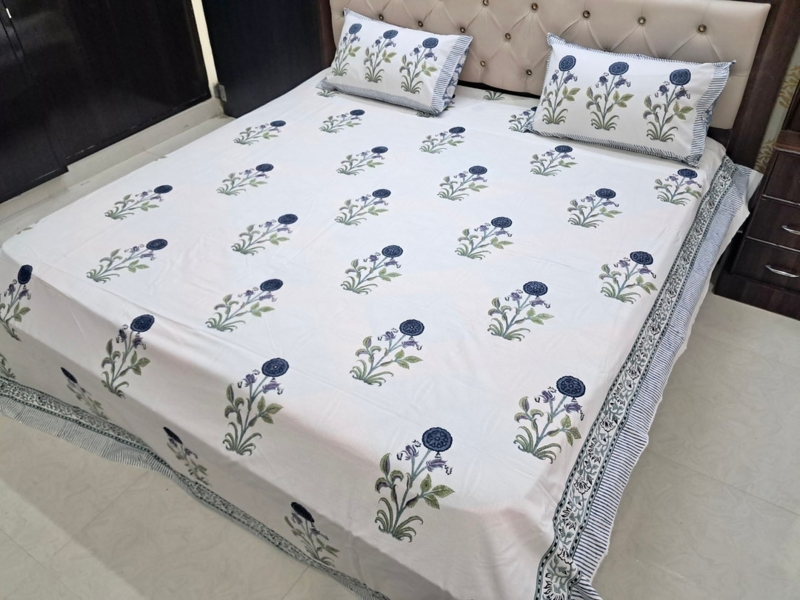 Bedding Set Blue Orange Hand Block Print Terracotta Accents Global Boho