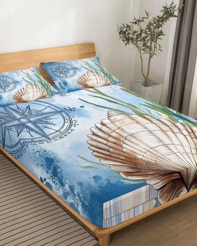 Bedding Set Blue Seashell Seaweed Print Nautical Sheet Set Coastal Style