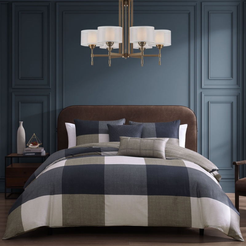 Bedding Set Checkered Pattern Navy Tan Palette Reversible