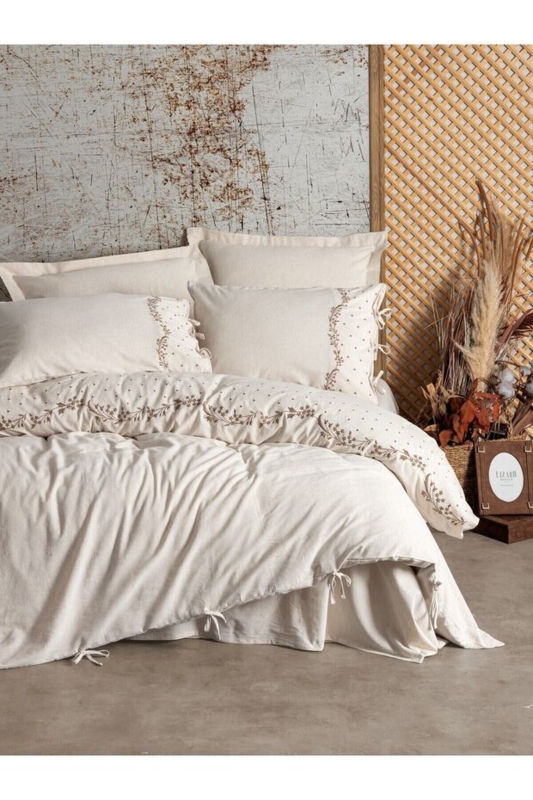 Bedding Set Cream Linen Like Woven Texture Layered Styling