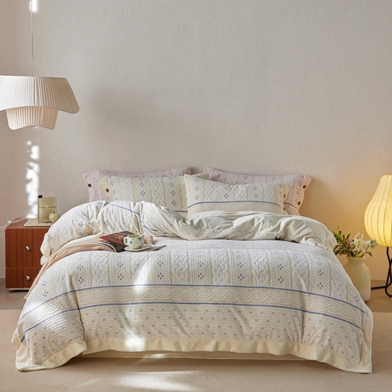 Bedding Set Cream Velvet Braided Trim Cottage Traditional Luxury