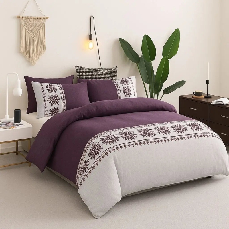 Bedding Set: Crisp White Duvet, Navy Blue Floral Border Elegant.