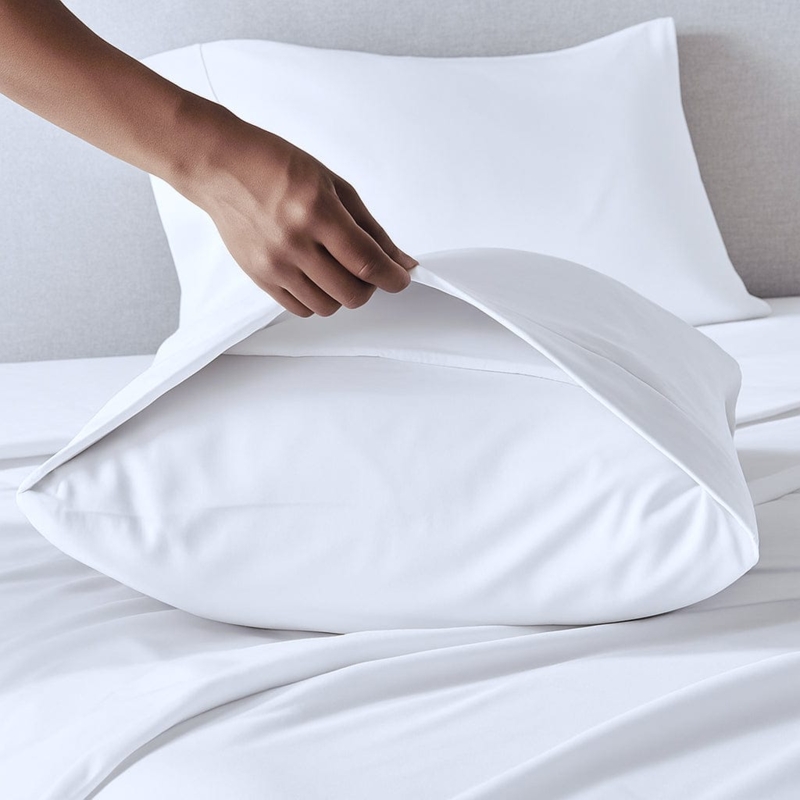 Bedding Set Crisp White Palette Stacked Pillows Cozy Bedroom Grey Headboard